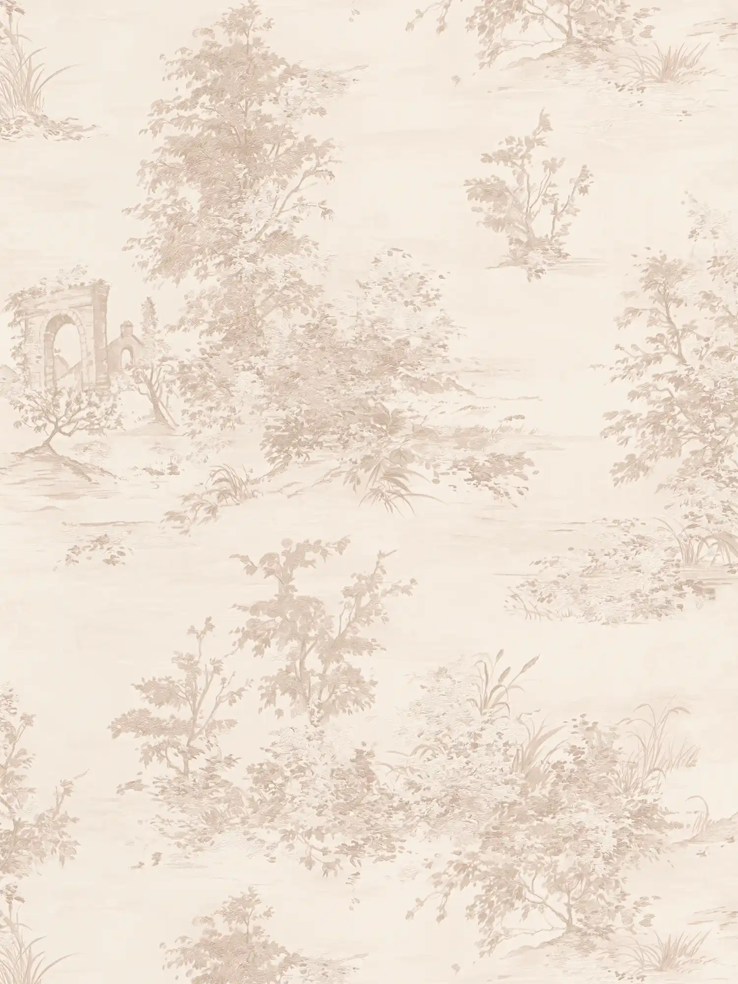 Landhuisbehang in historische stijl met landschapsmotief - beige, crème, roze
