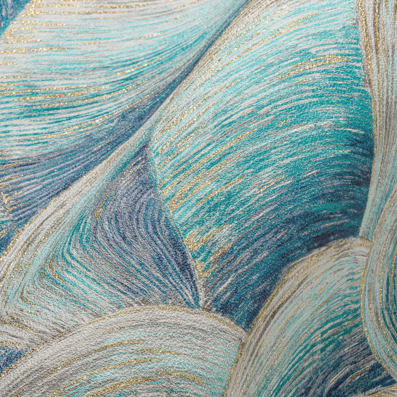             Papier peint abstrait intissé avec motif de vagues & effet brillant - bleu, turquoise, or
        