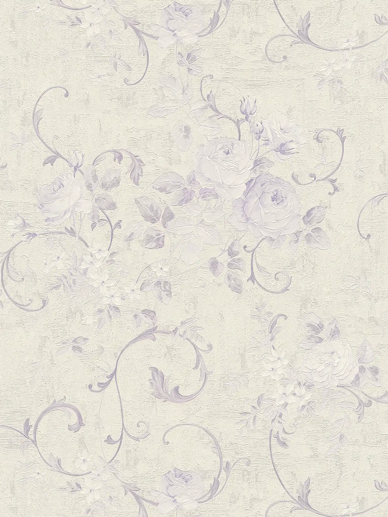 Papier peint motifs de roses & feuillages - crème, métallique, lilas
