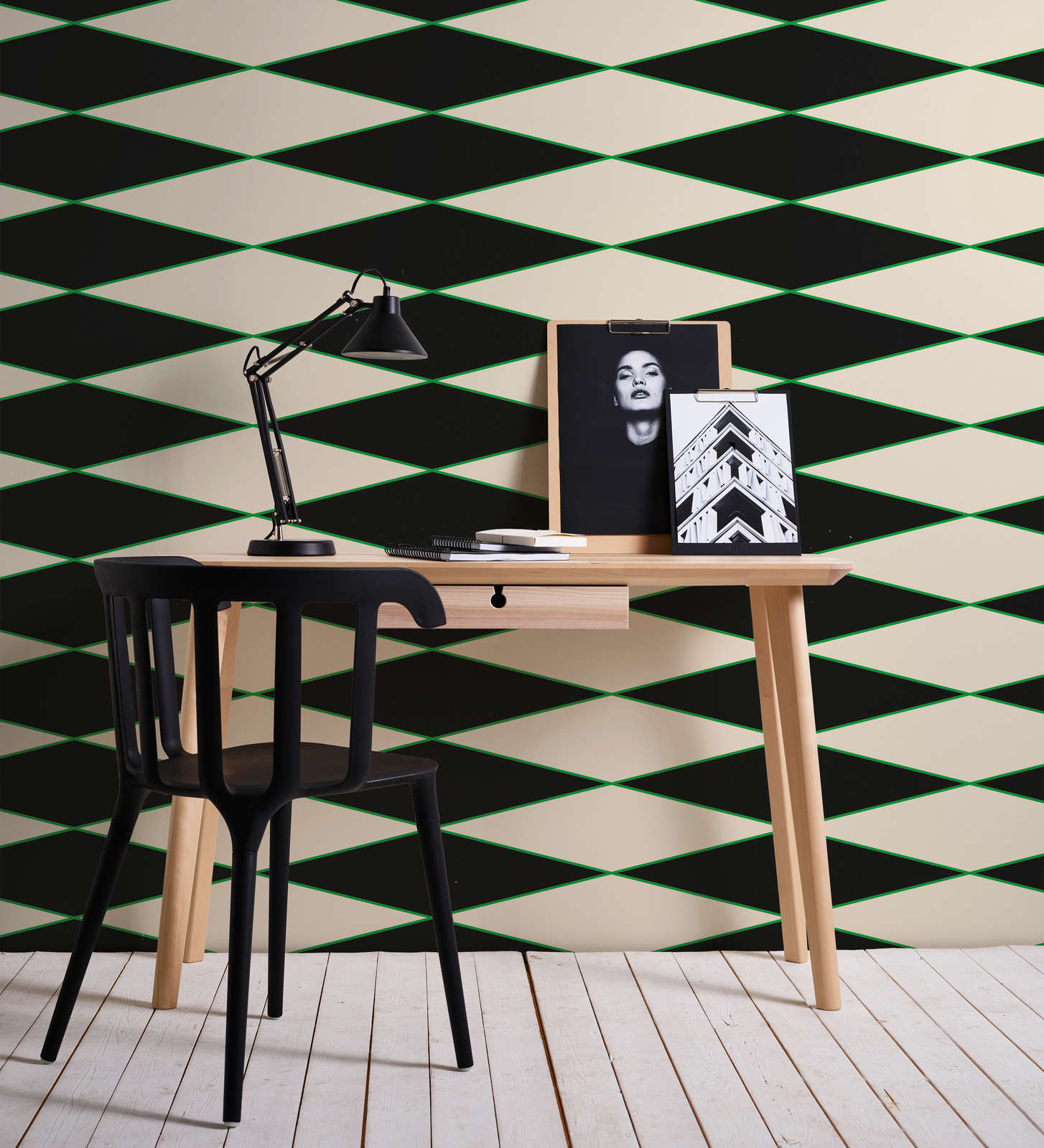             Graphic Wallpaper with Diamonds & Line Patterns - Black, Cream, Green | Textured Non-woven
        