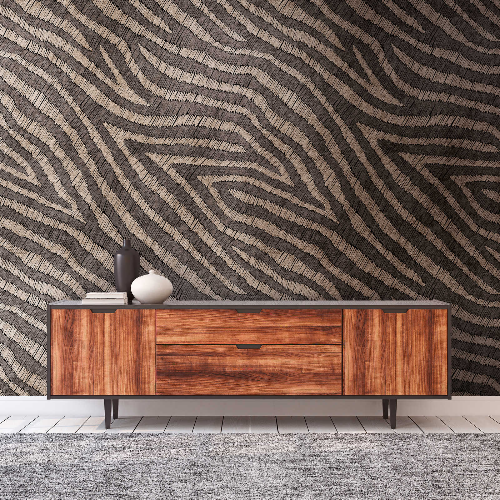 Non-woven wallpaper with stripe motif in earth tones - brown, beige
