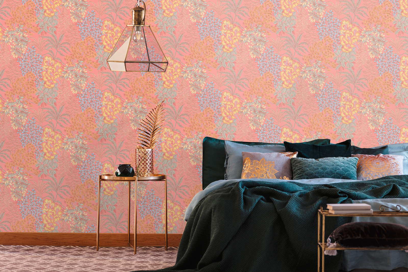             Playful floral wallpaper in a subtle colour - pink, blue, yellow
        