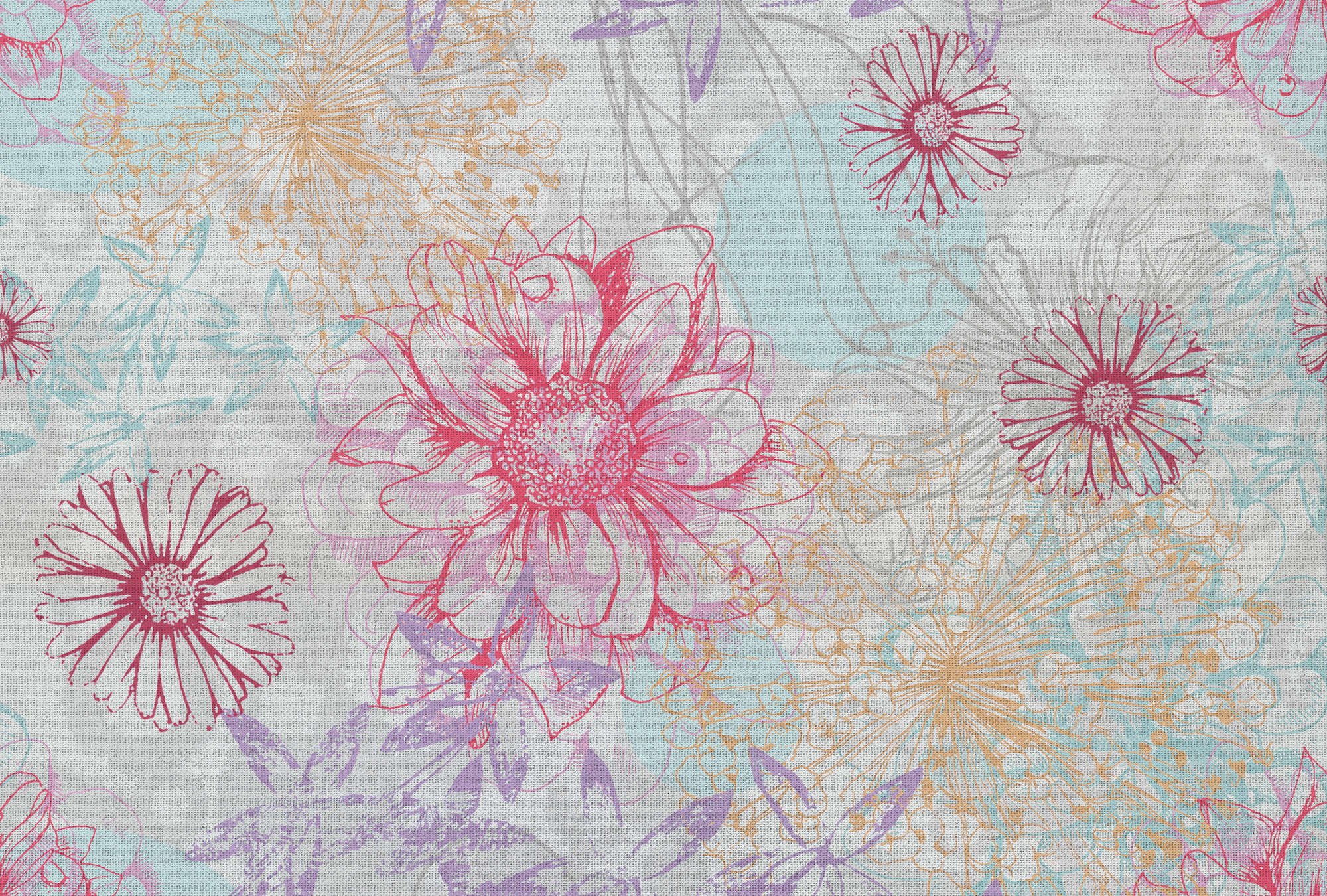             Colorful photo wallpaper with textile look & flowers - pink, blue, white
        