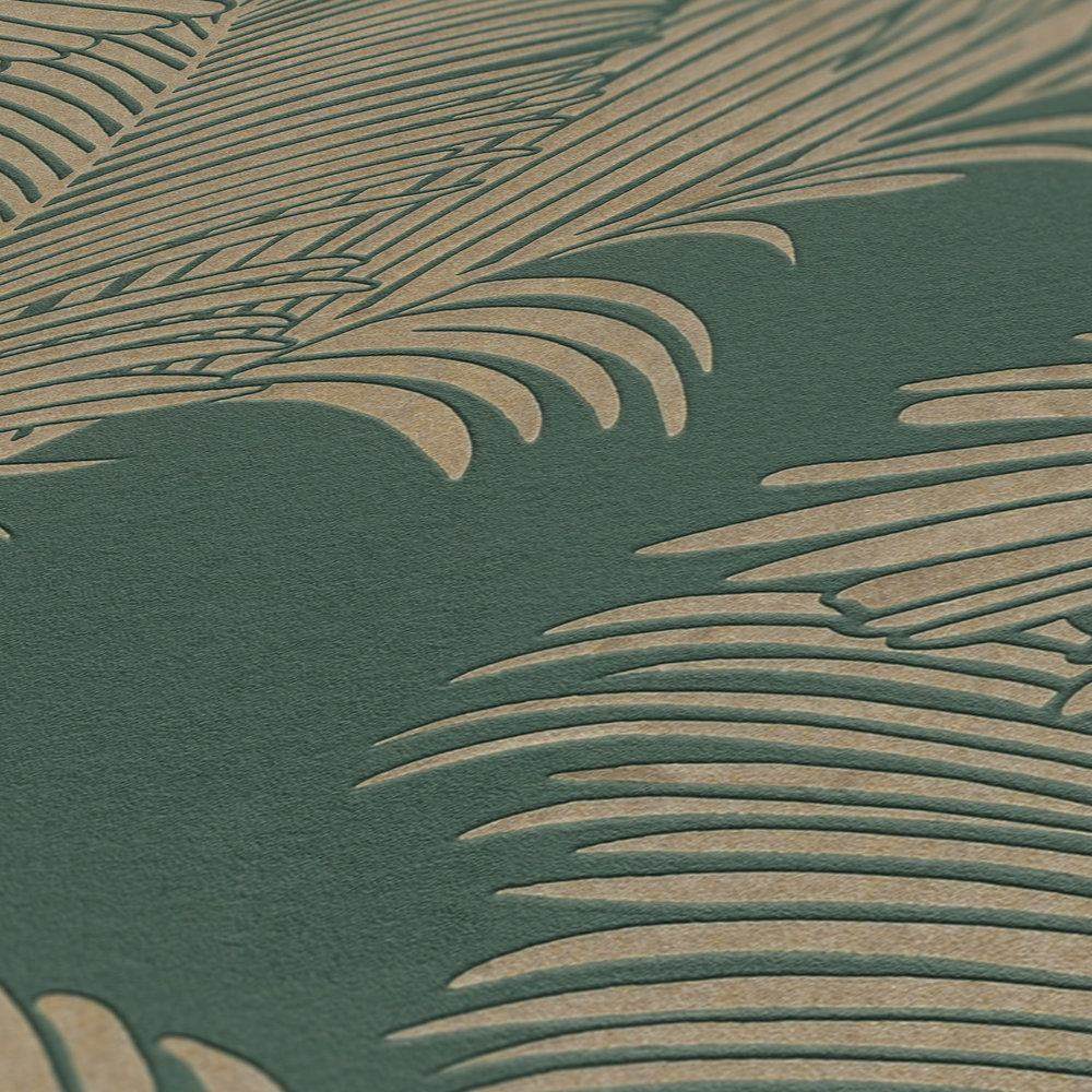             Papier peint intissé vert sapin & or avec motif feuilles de palmier - vert, métallique
        