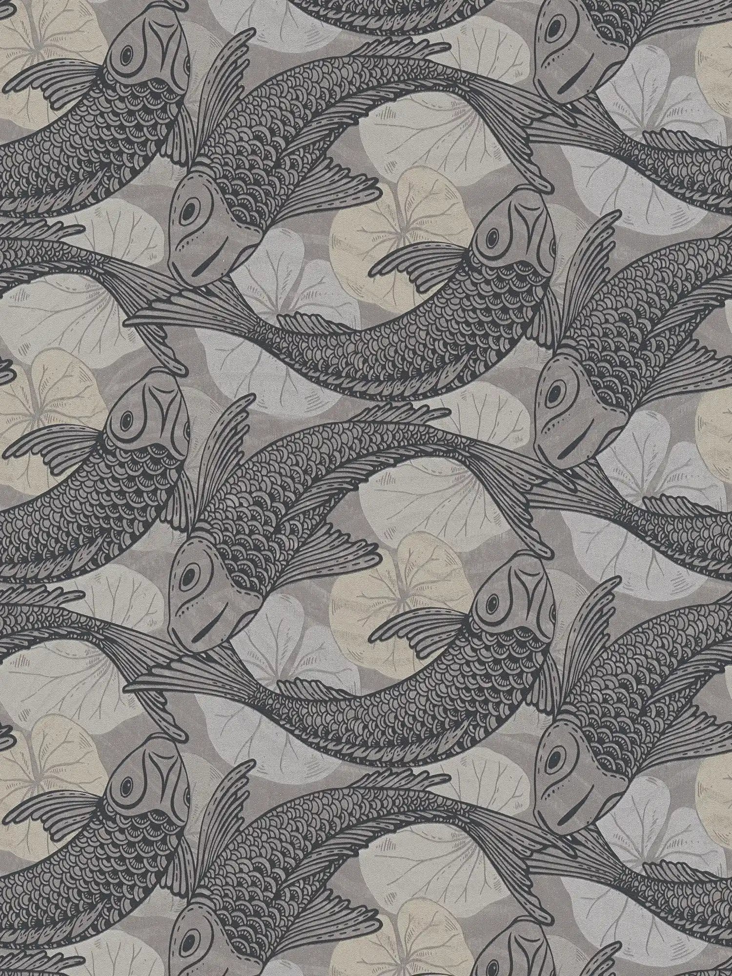 Wallpaper Asian design with koi motif & metallic effect - beige, grey, black
