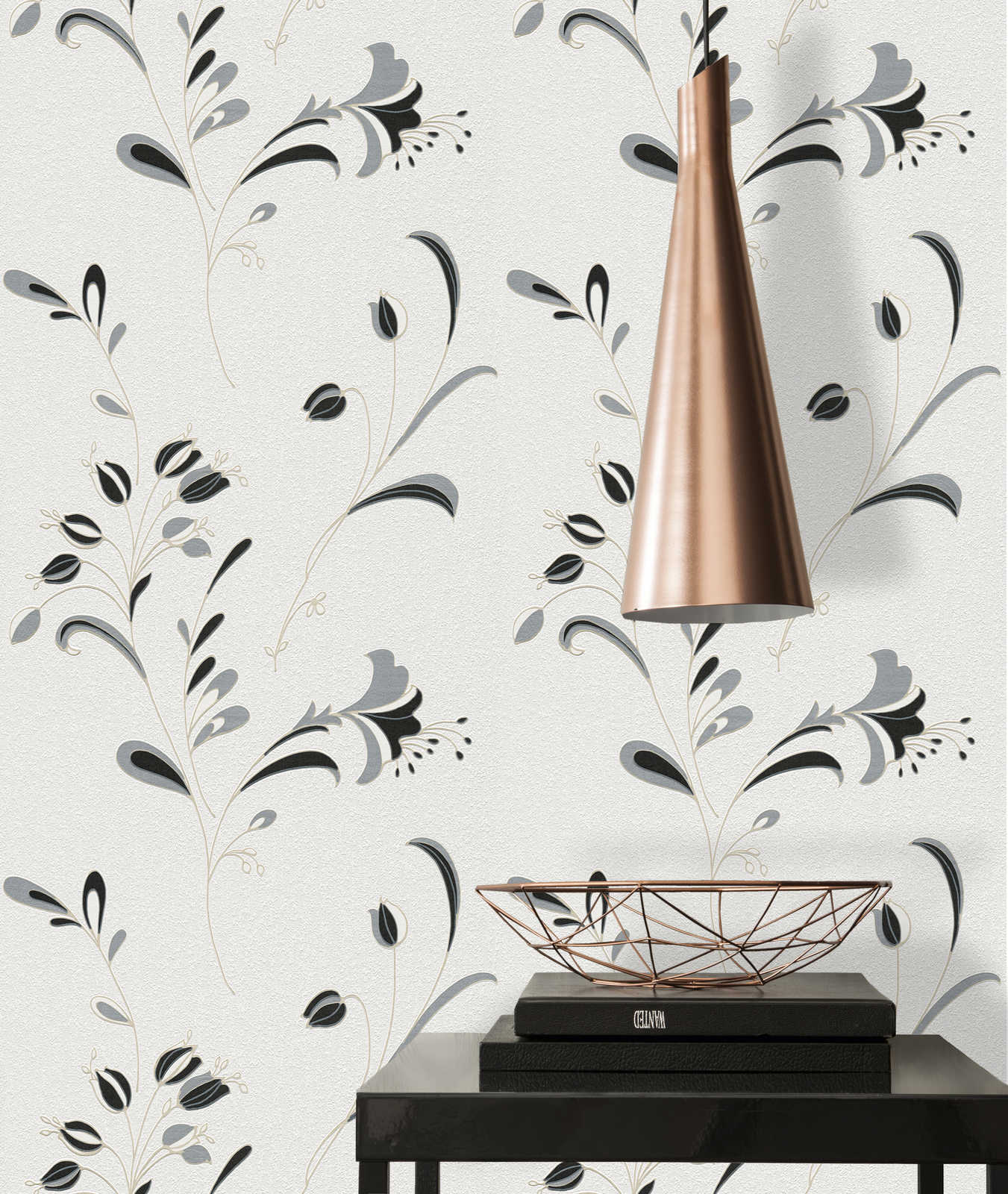            Wallpaper floral motif, silver accents & texture pattern - black, white, silver
        