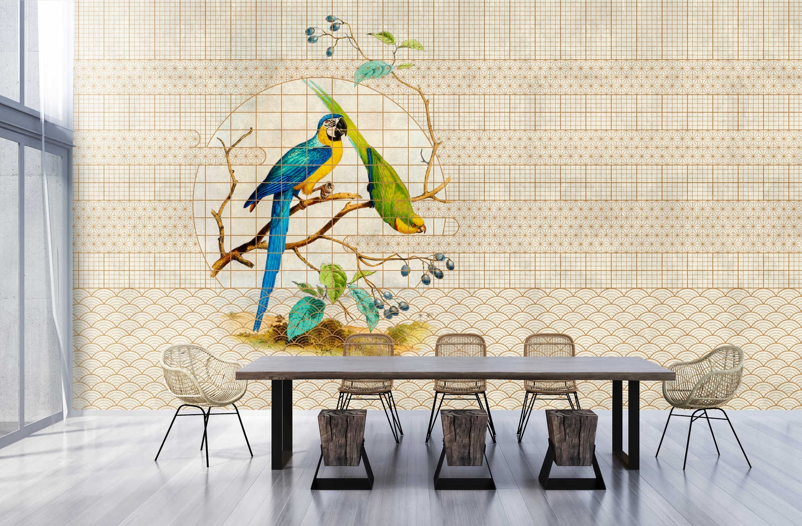             Aviary 3 - Vintage style parrot & golden pattern photo wallpaper
        