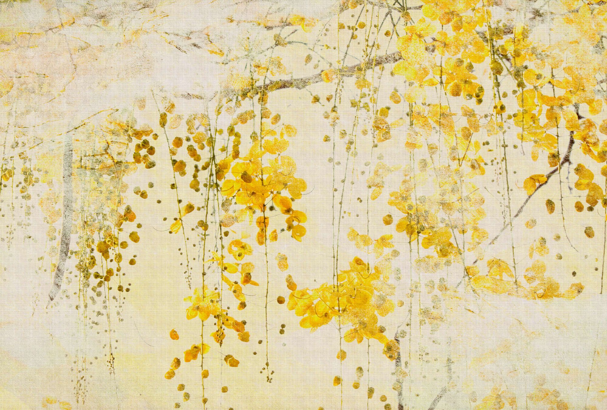             papier peint en papier panoramique »taiyo« - guirlande de fleurs avec structure en lin en arrière-plan - jaune | Intissé premium lisse et légèrement brillant
        