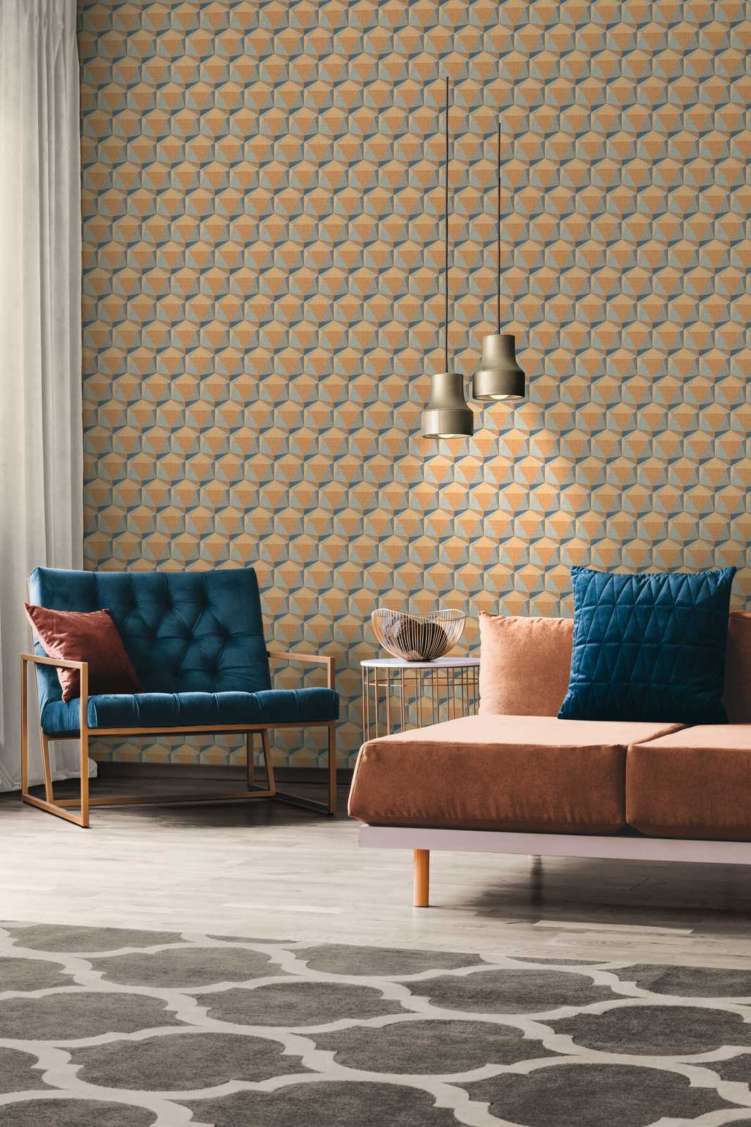             Grafisch behang retro patroon met 3D ontwerp - oranje, blauw
        