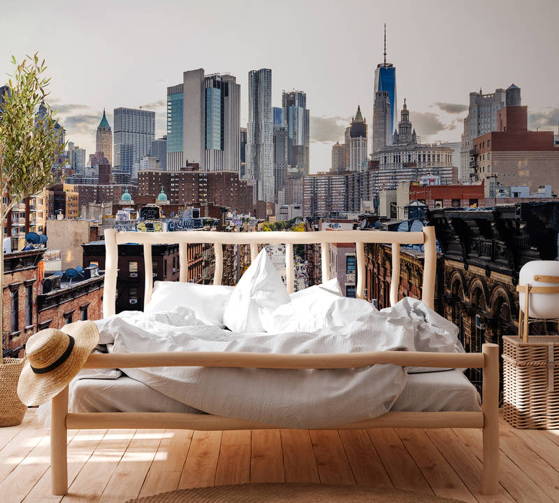             New York mural with skyline - brown, grey, white
        