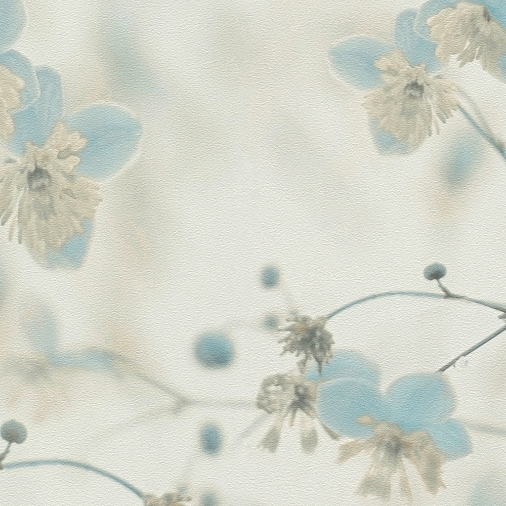             Papel Pintado Floral Romántico Estilo Collage de Fotos - Gris, Azul
        