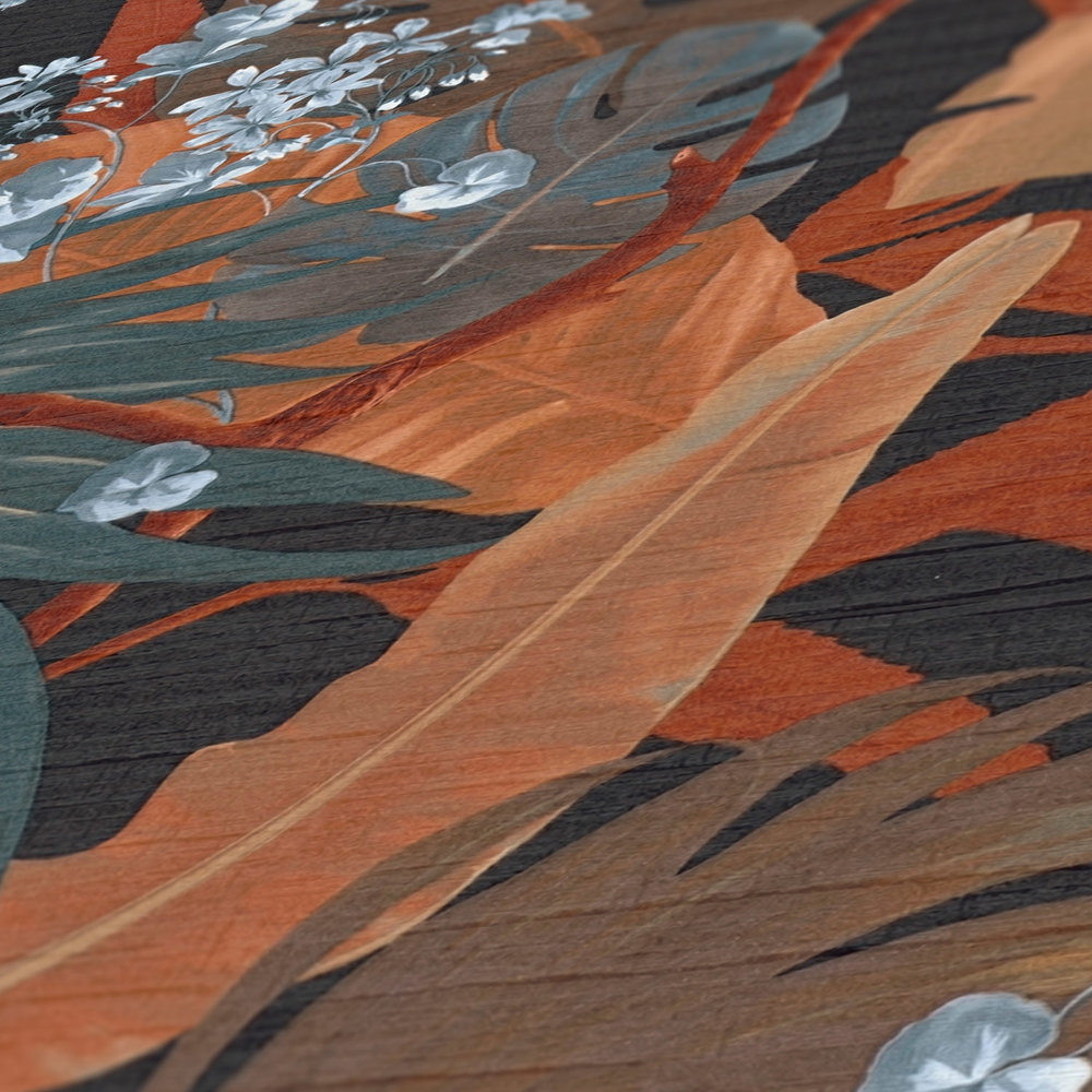             Jungle wallpaper with leaf pattern - orange, blue
        