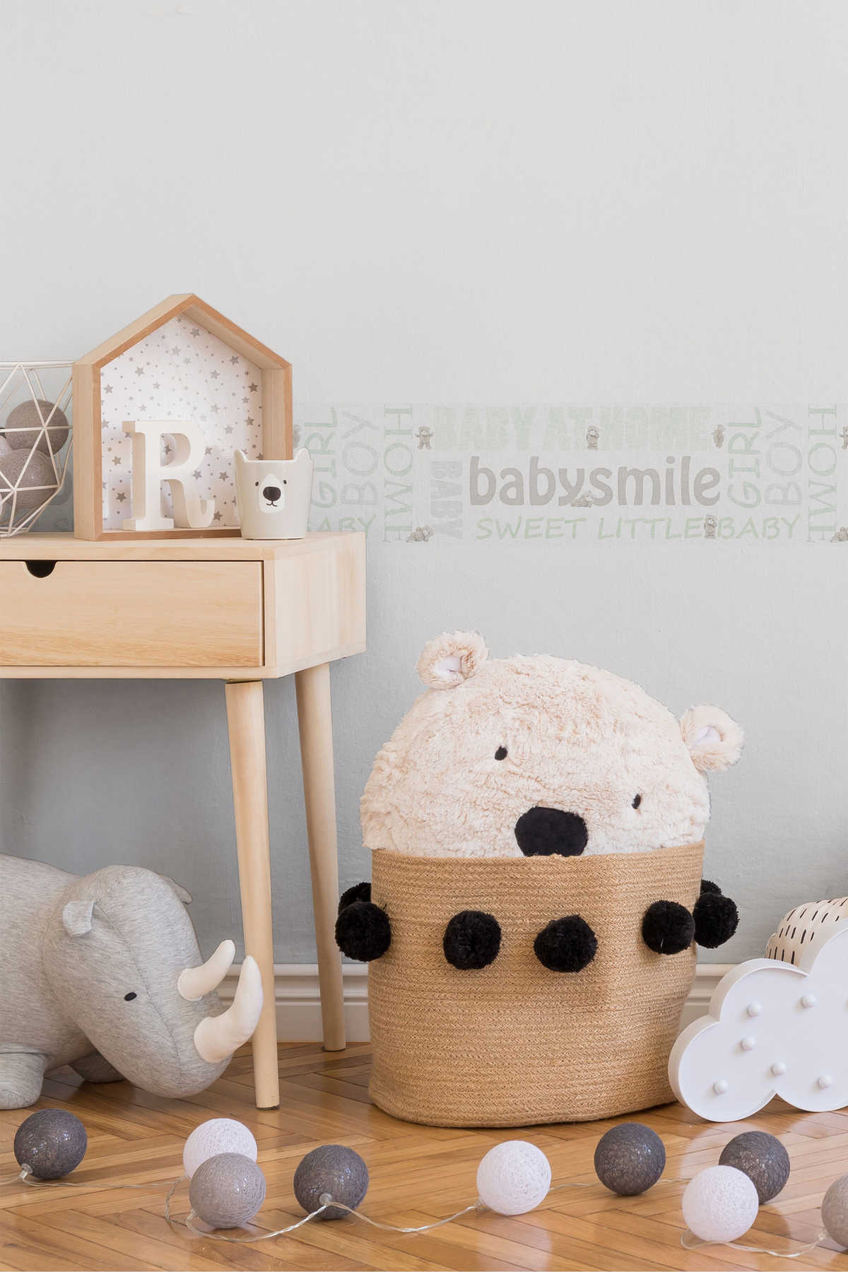             Papel pintado motivo bebé para habitación infantil - metálico, blanco
        
