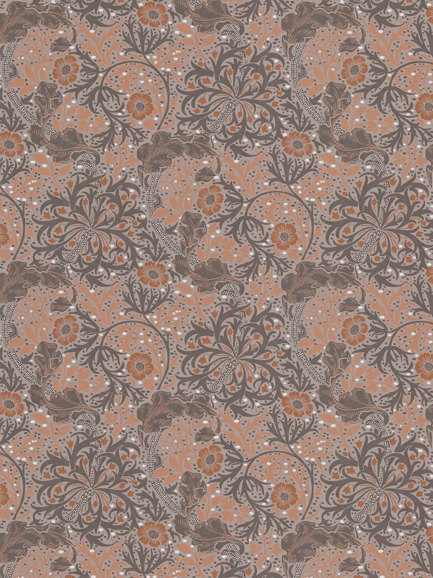 Wallpaper with flowers and vines floral & dotted - orange, grey, black
