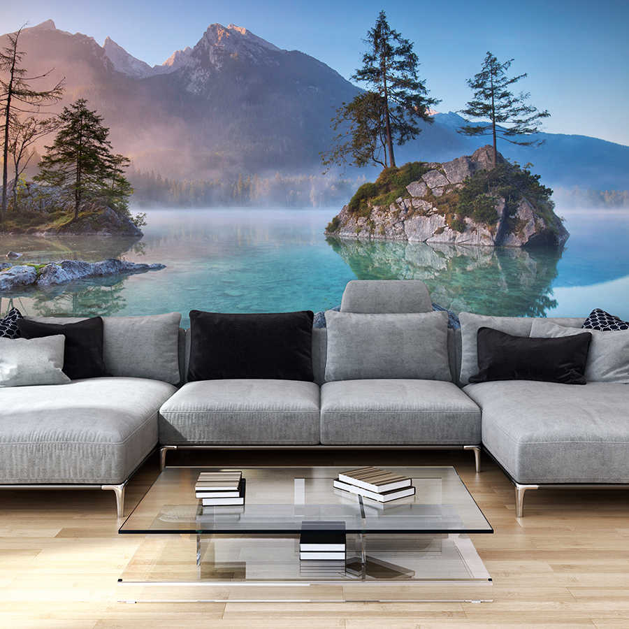 Nature mural lake with small islands and trees on matt smooth non-woven
