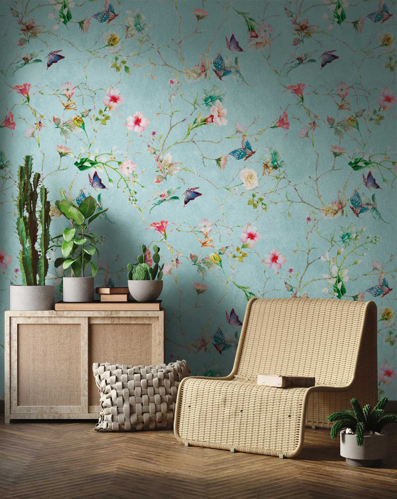             Papeles pintados novedad - papel pintado motivo mariposa y flores, motivo panel turquesa
        