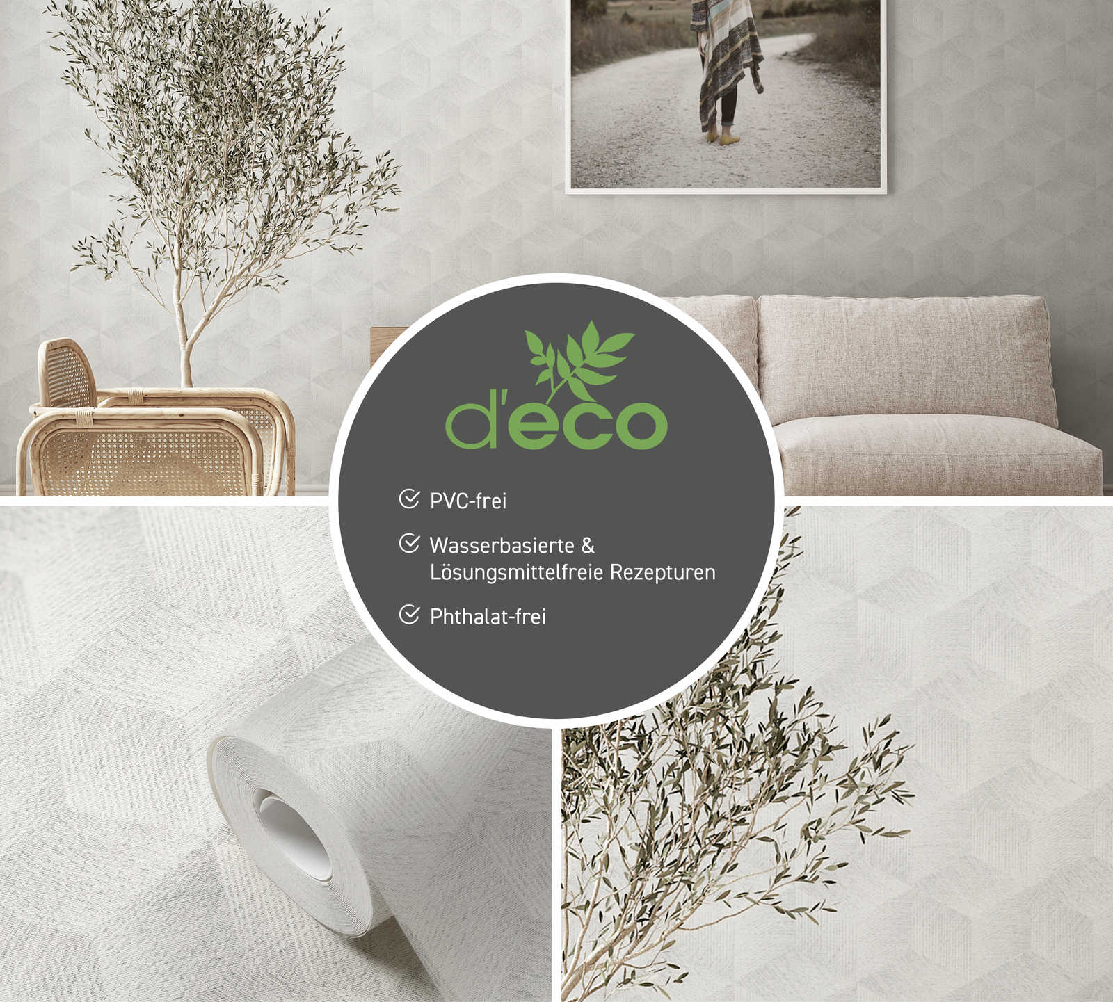             PVC-free 3D optical wallpaper with square pattern & gloss effect - Grey, White
        