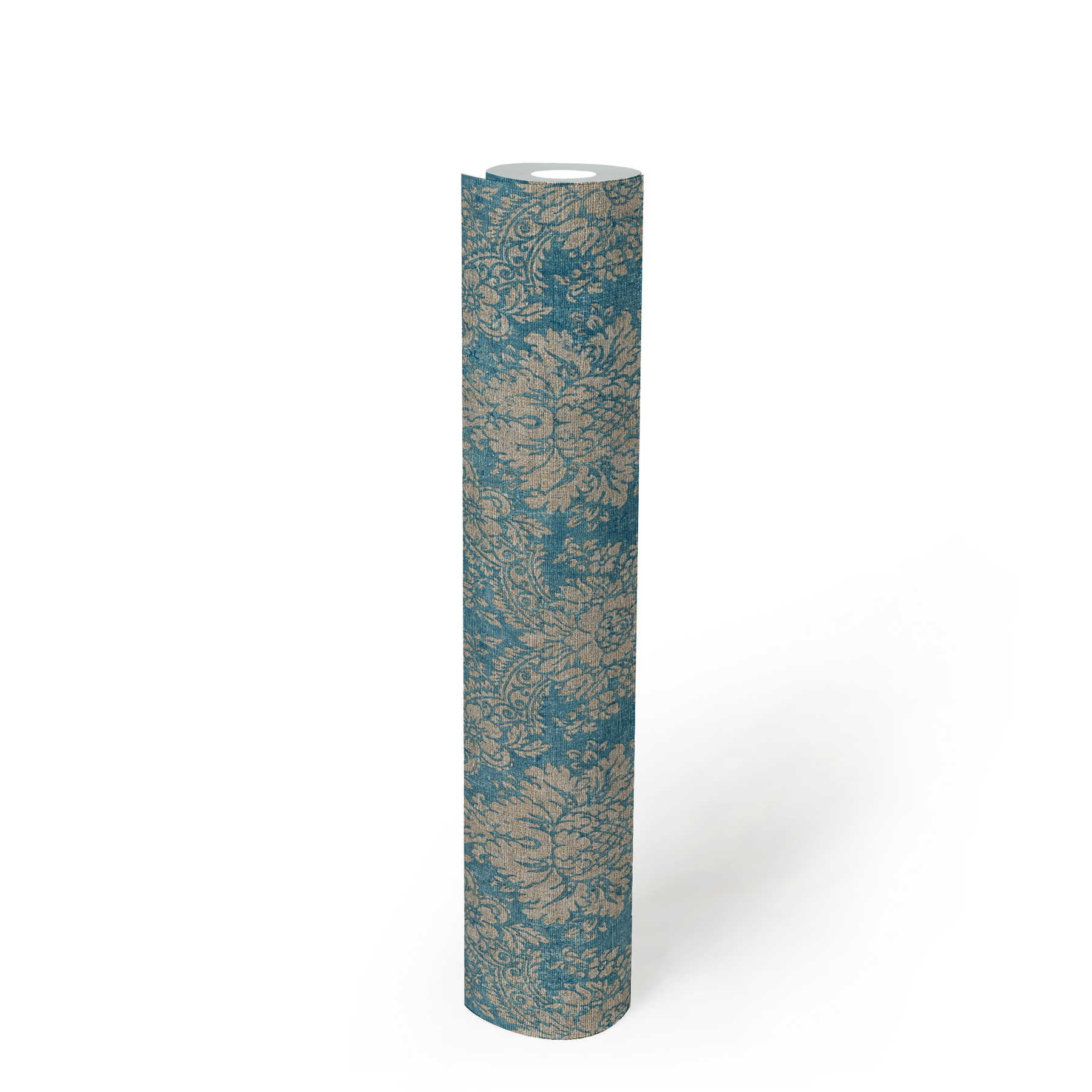             Papel pintado con adornos florales con efecto metálico y aspecto usado - azul, marrón, metálico
        