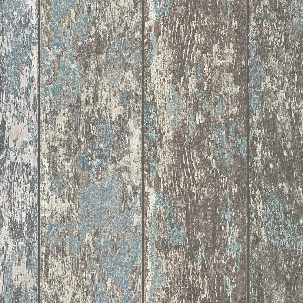             Vliesbehang met houteffect in shabby chic used look - blauw, bruin, grijs
        