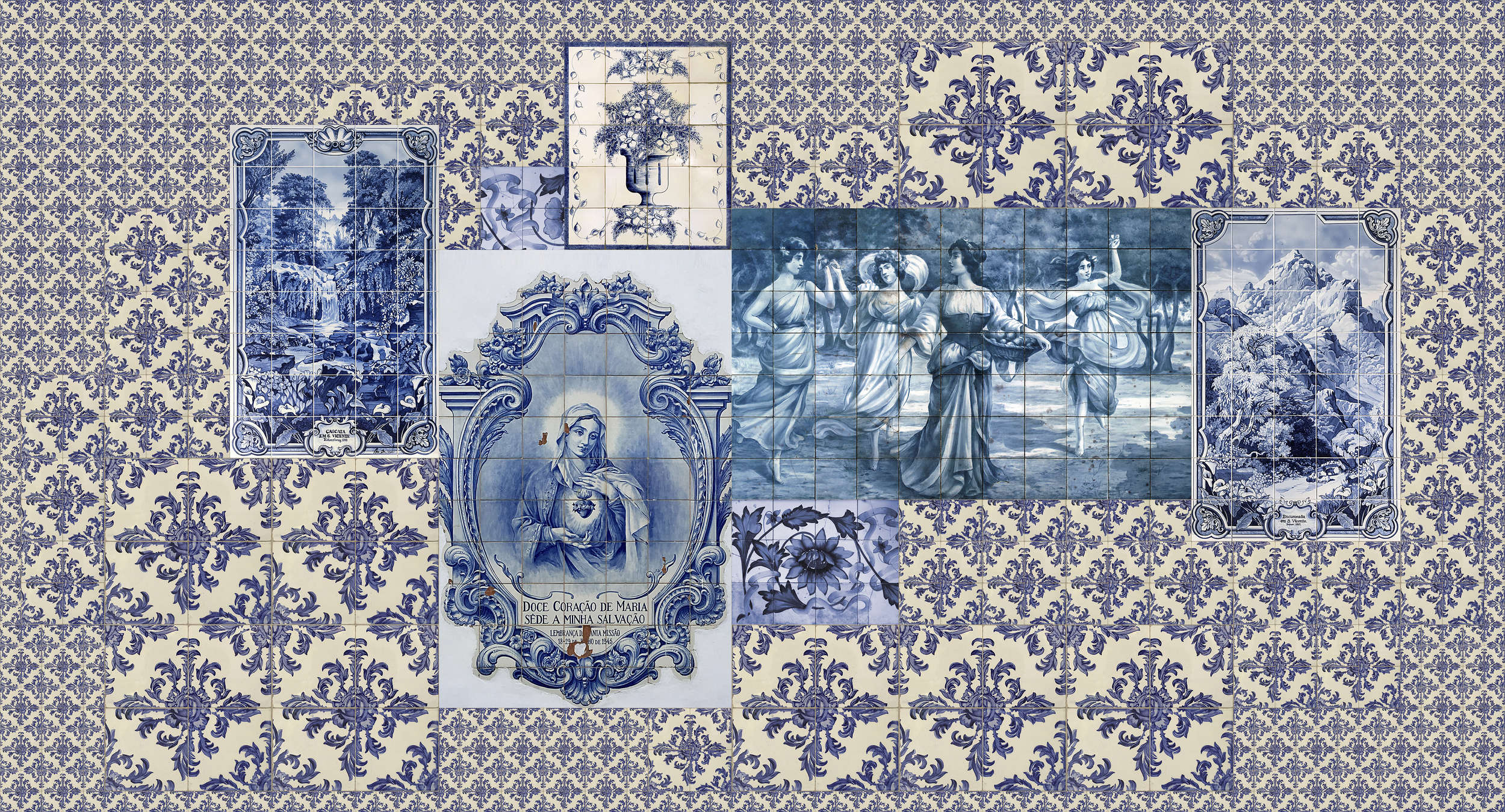             Azulejos 1 - Wallpaper Tiles Collage Retro Style - Beige, Blue | Mother of Pearl Smooth Non-woven
        