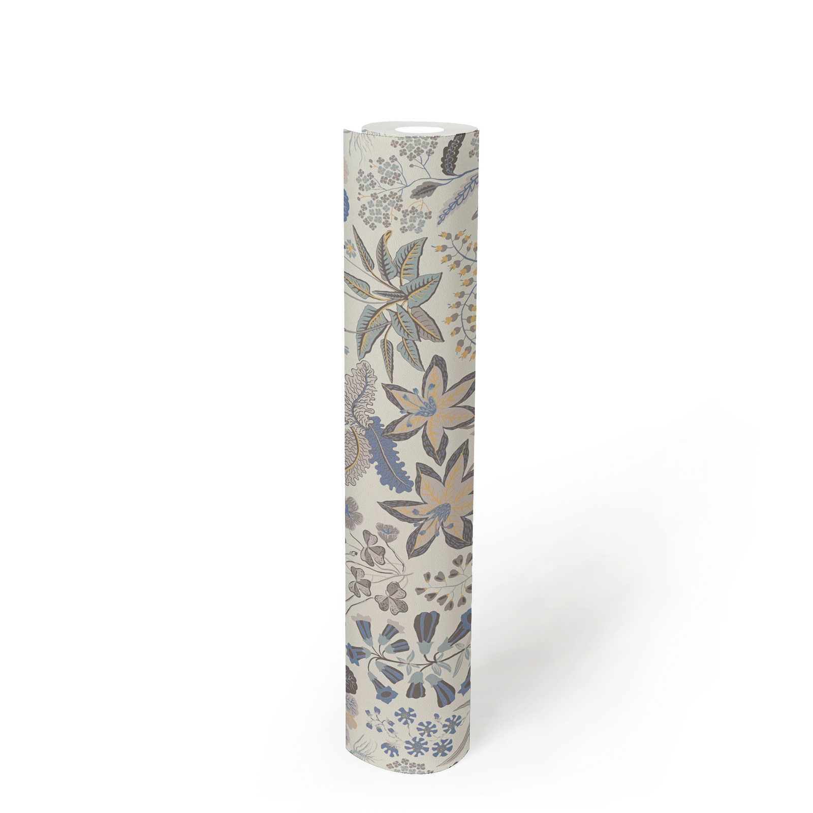             Papel pintado no tejido con un detallado motivo floral - gris, azul, crema
        