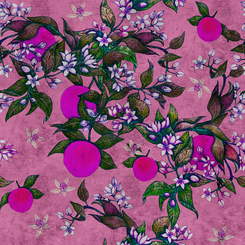 Grapefruit Tree 2 - Photo wallpaper with grapefruit & flower design in scratchy texture - Pink, Purple | Pearl smooth fleece
