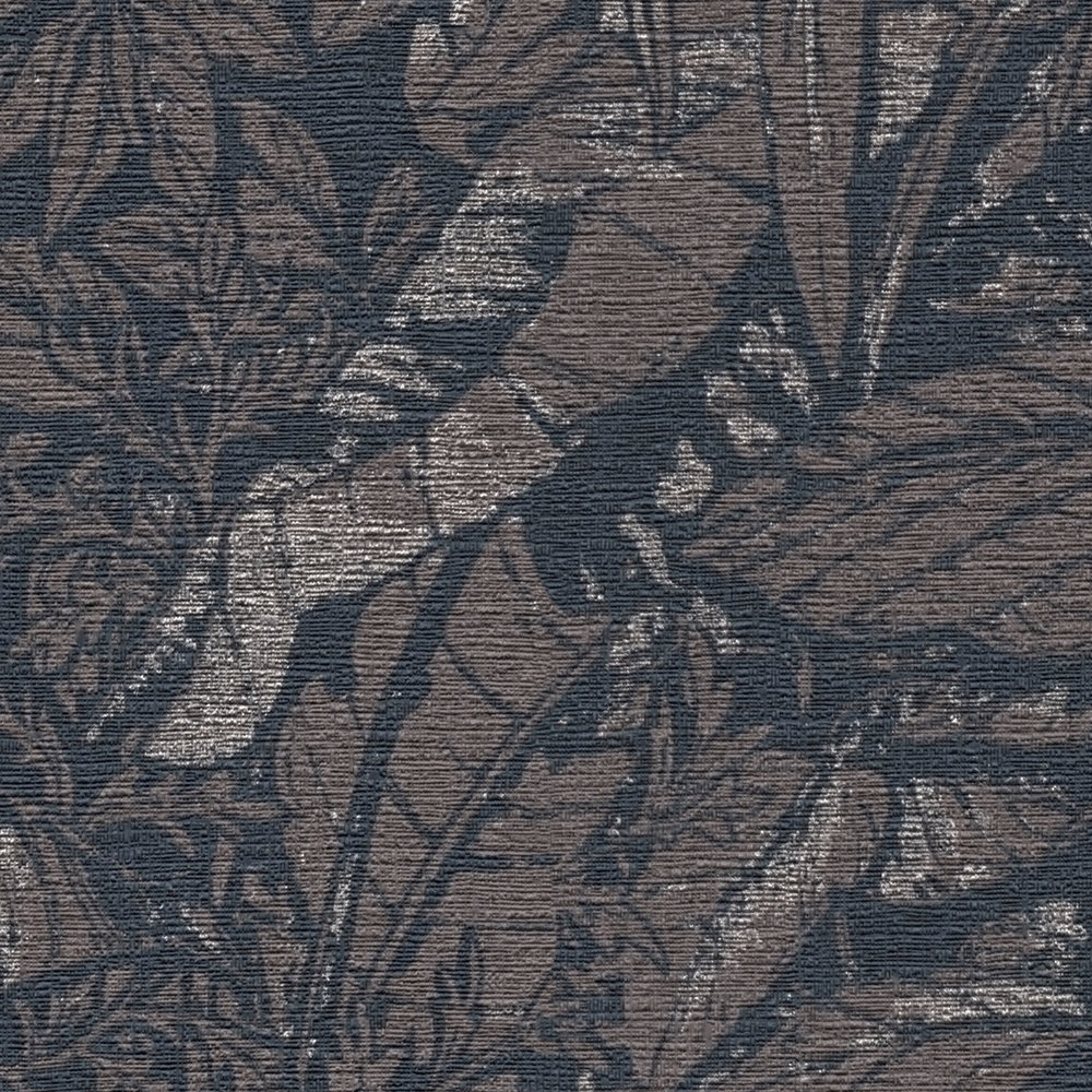             Jungle behang licht glanzend met bladmotief - bruin, zwart, zilver
        