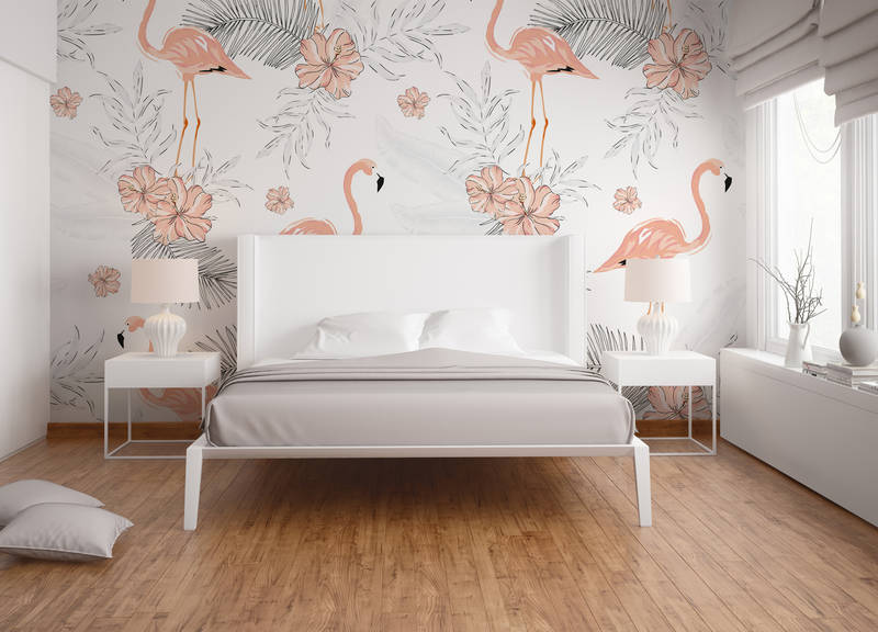             Flamingos & Tropical Plants Wallpaper - White, Pink, Grey
        
