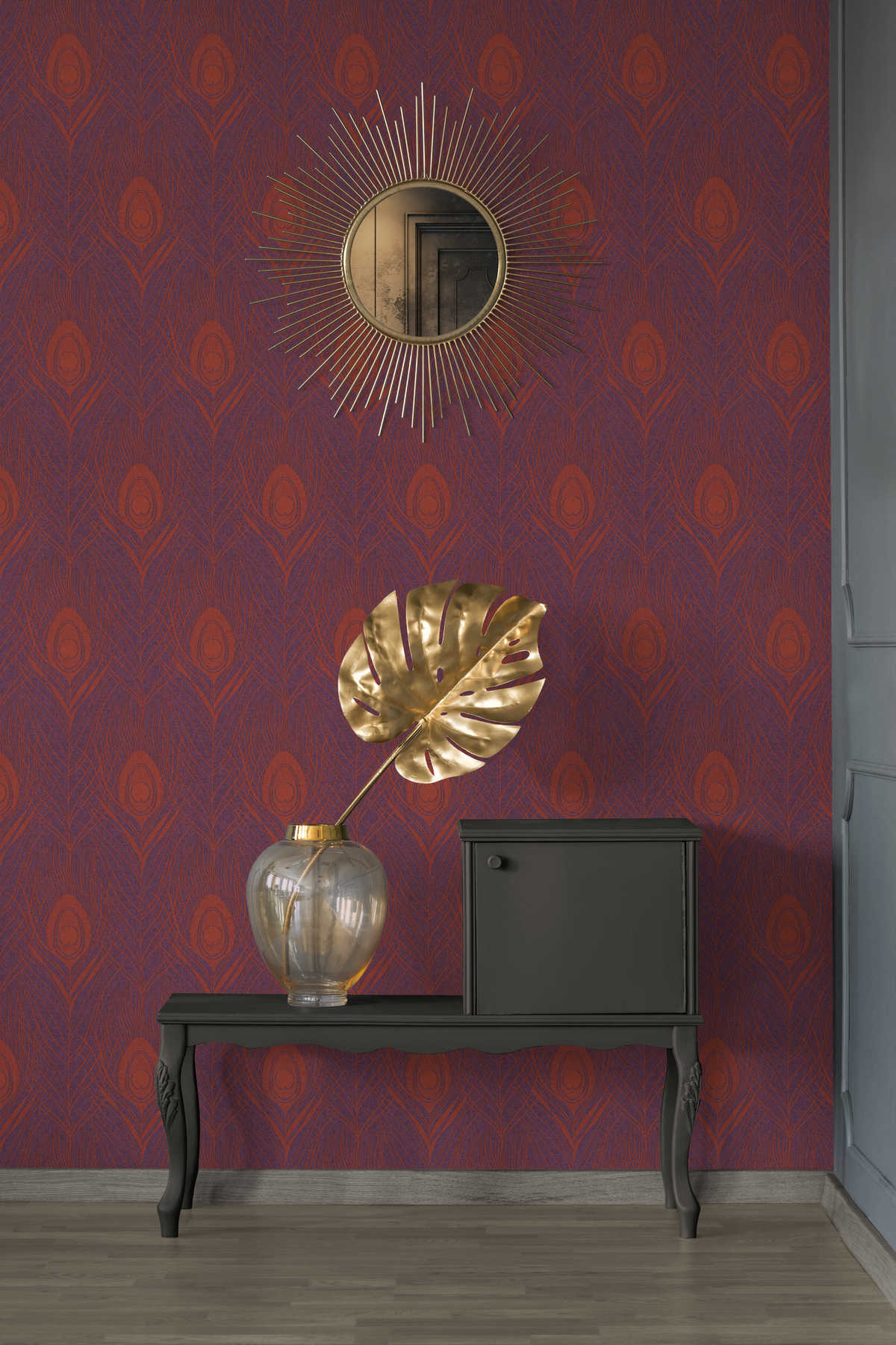             Magenta non-woven wallpaper with peacock feathers - red, purple, gold
        