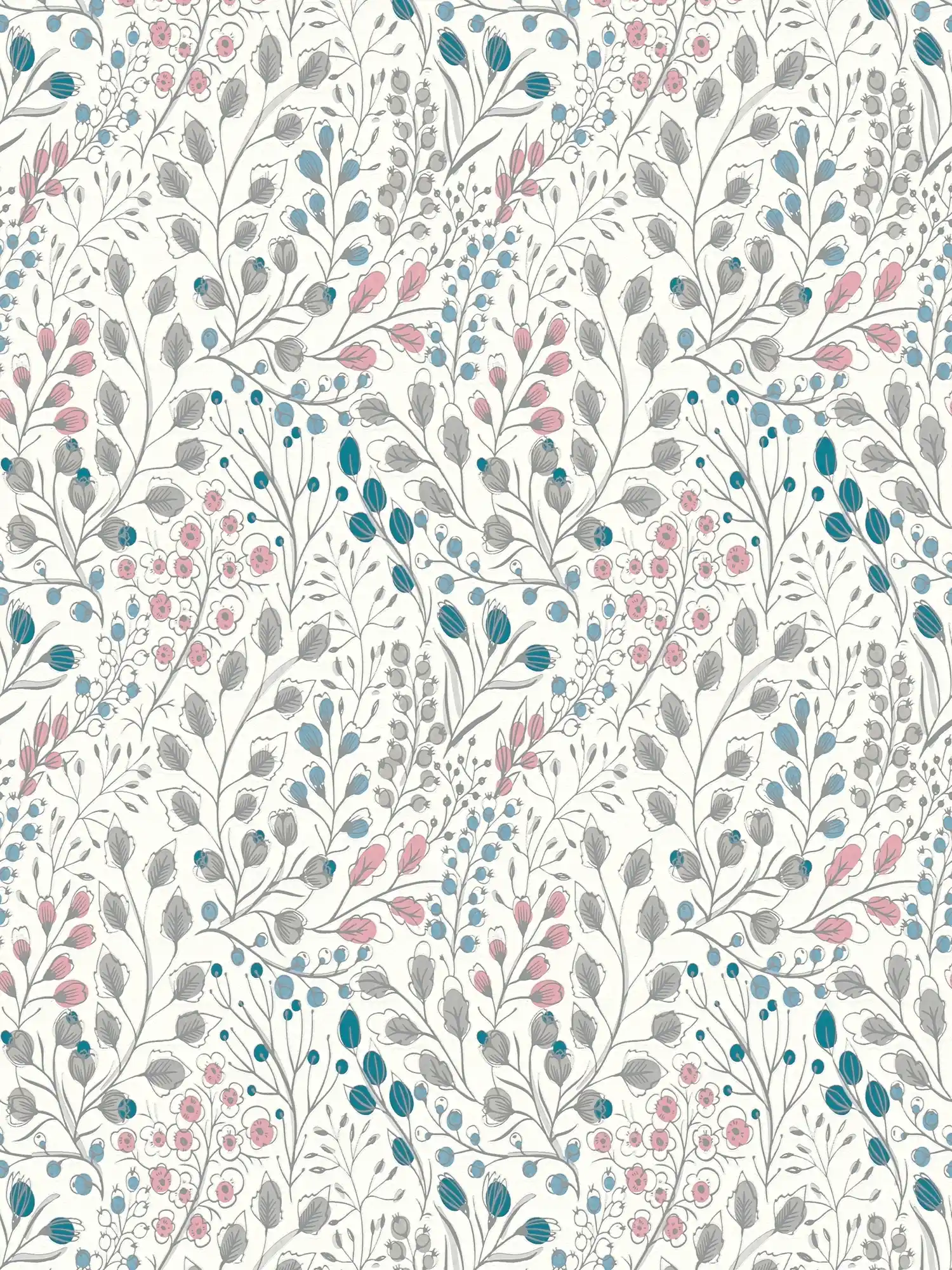 Papel pintado no tejido con motivos florales en estilo de dibujo - blanco, rosa, azul
