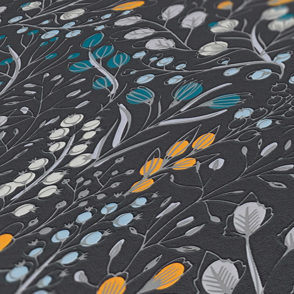             Papier peint à motifs floraux & abstraits mat - noir, jaune, bleu
        
