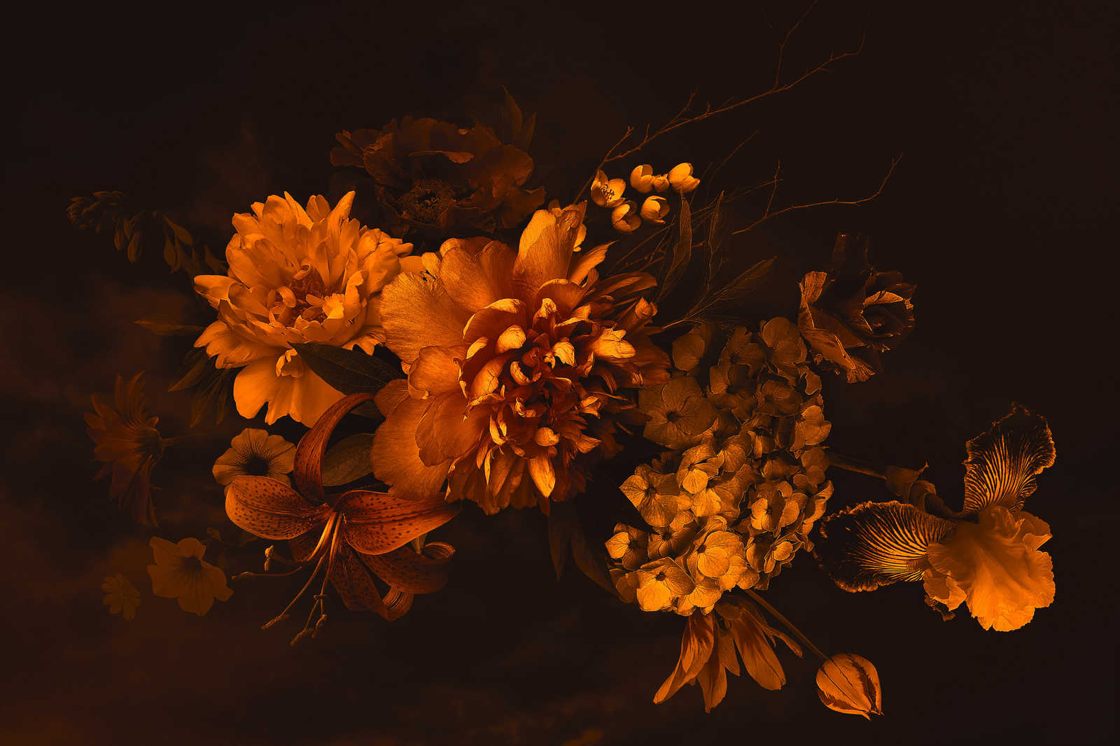             Canvas met boeket in botanische stijl | oranje zwart - 0,90 m x 0,60 m
        