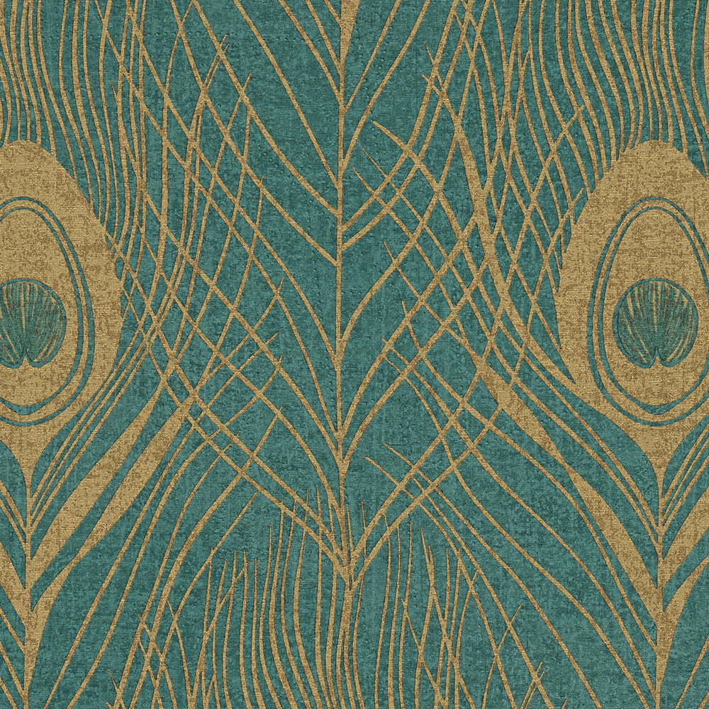             Aquamarine non-woven wallpaper with peacock feathers in metallic look - gold, green, yellow
        