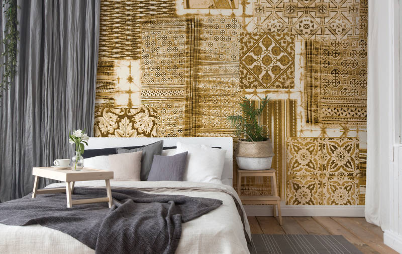             Patchwork behang, decoratieve tegels met patronenmix - geel, wit, oranje
        