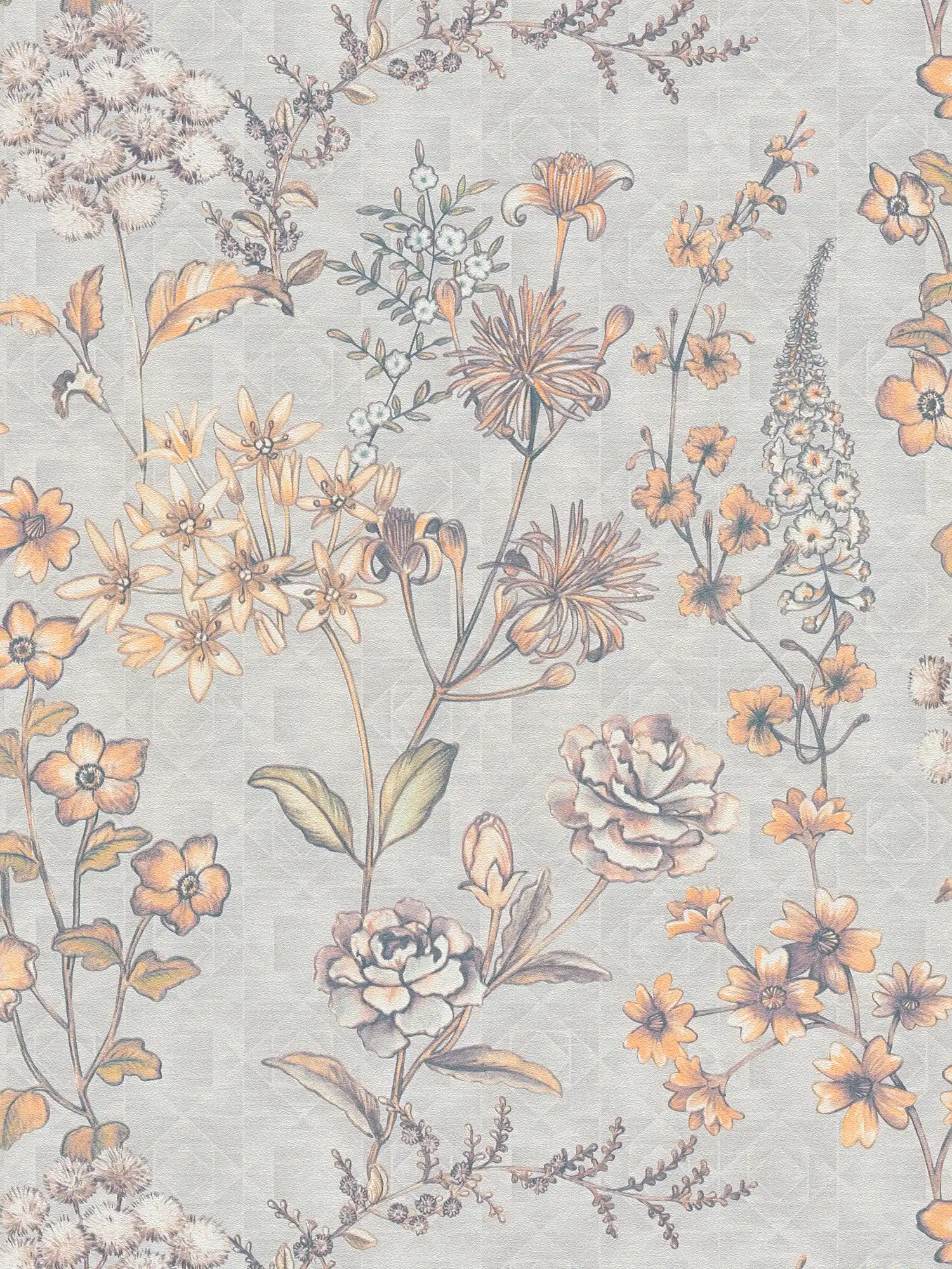 Non-woven wallpaper with floral vintage design - light grey, orange, yellow
