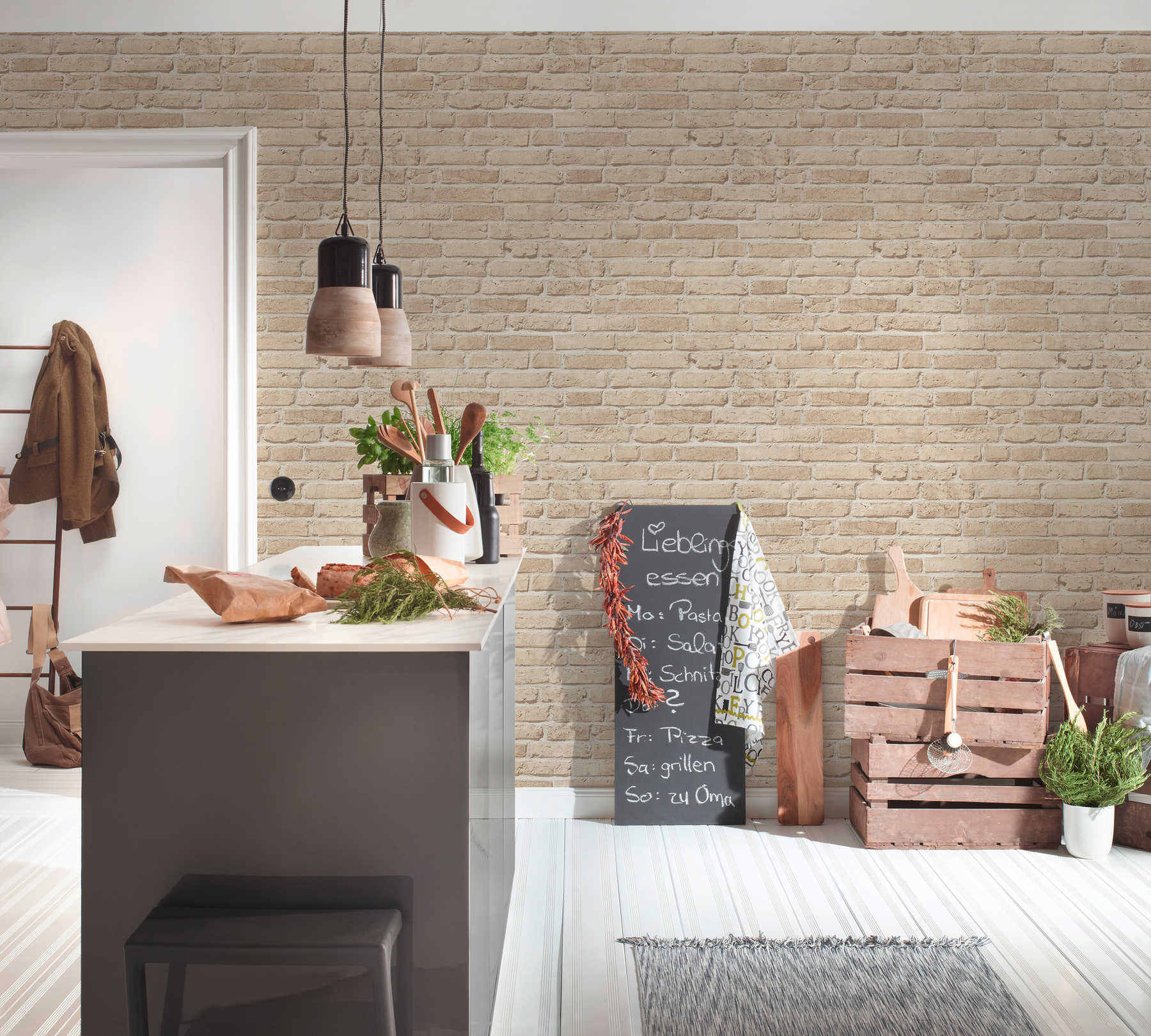             Brick wallpaper with brickwork & 3D effect - beige
        