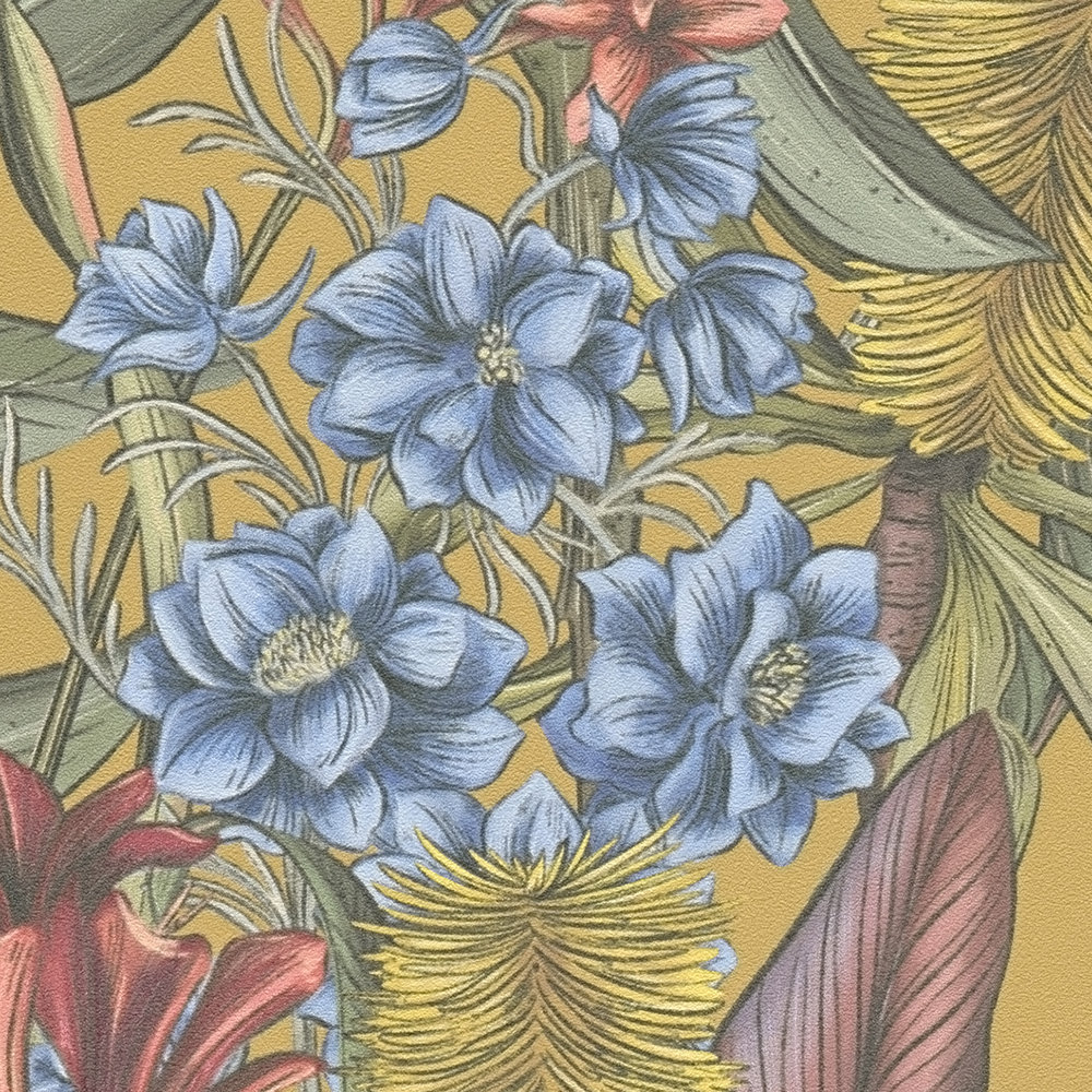             papier peint en papier jungle style floral avec feuilles & fleurs structuré mat - multicolore, jaune, vert
        