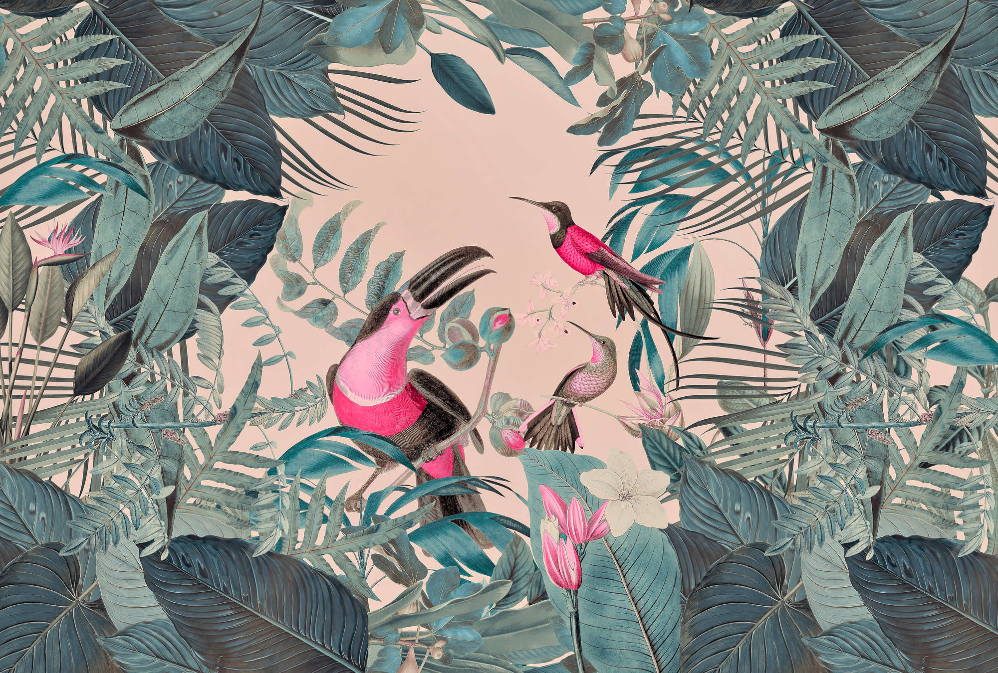             Tropical jungle mural with birds - green, pink
        