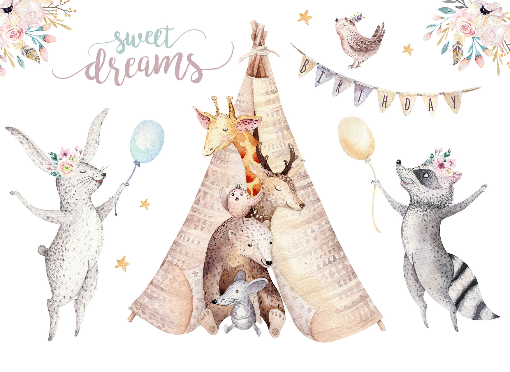             Nursery Animals at a Birthday Party Wallpaper - Beige, Grey, Colourful
        