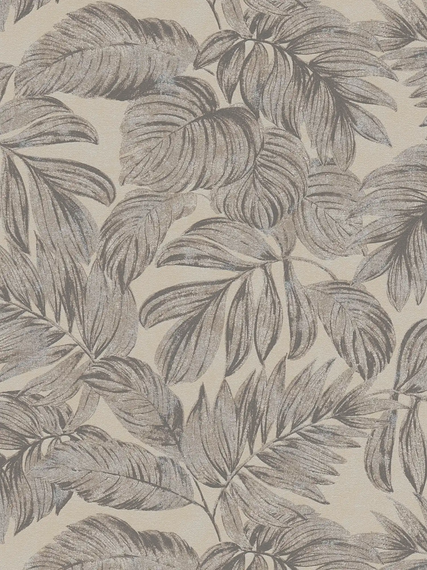 Non-woven wallpaper with jungle leaf pattern - brown, grey, beige
