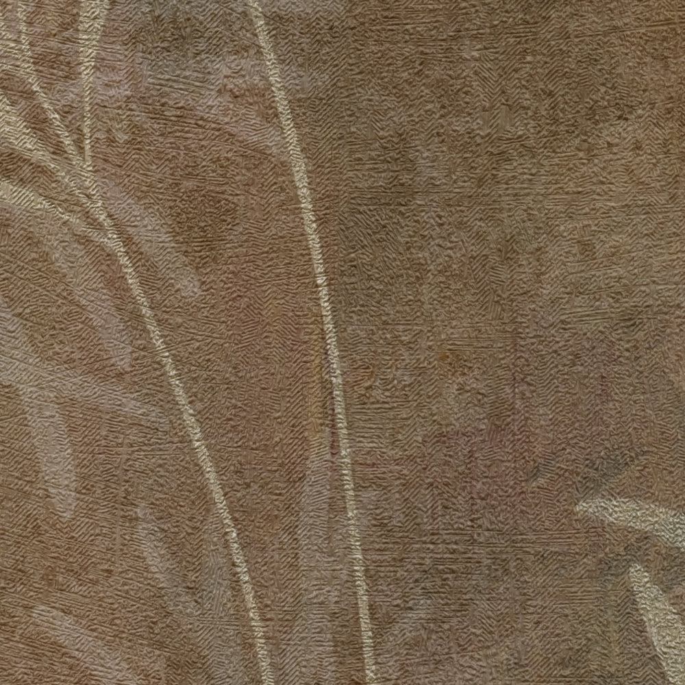             Gebloemd vliesbehang met grasmotief en fijne structuur - bruin, beige, metallic
        