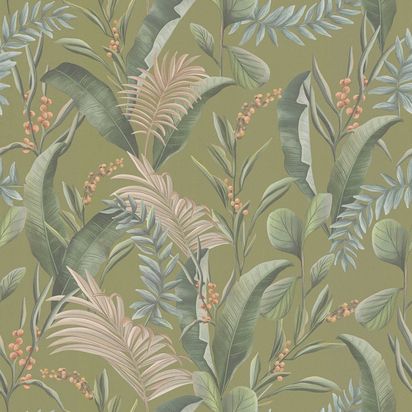 Jungle wallpaper floral with leaves matt textured - green, beige, orange
