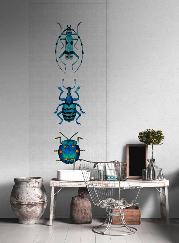             Buzz panels 5 - Digital print panel with colourful beetles- Nature linen strukutr - Blue, Grey | Pearl smooth fleece
        