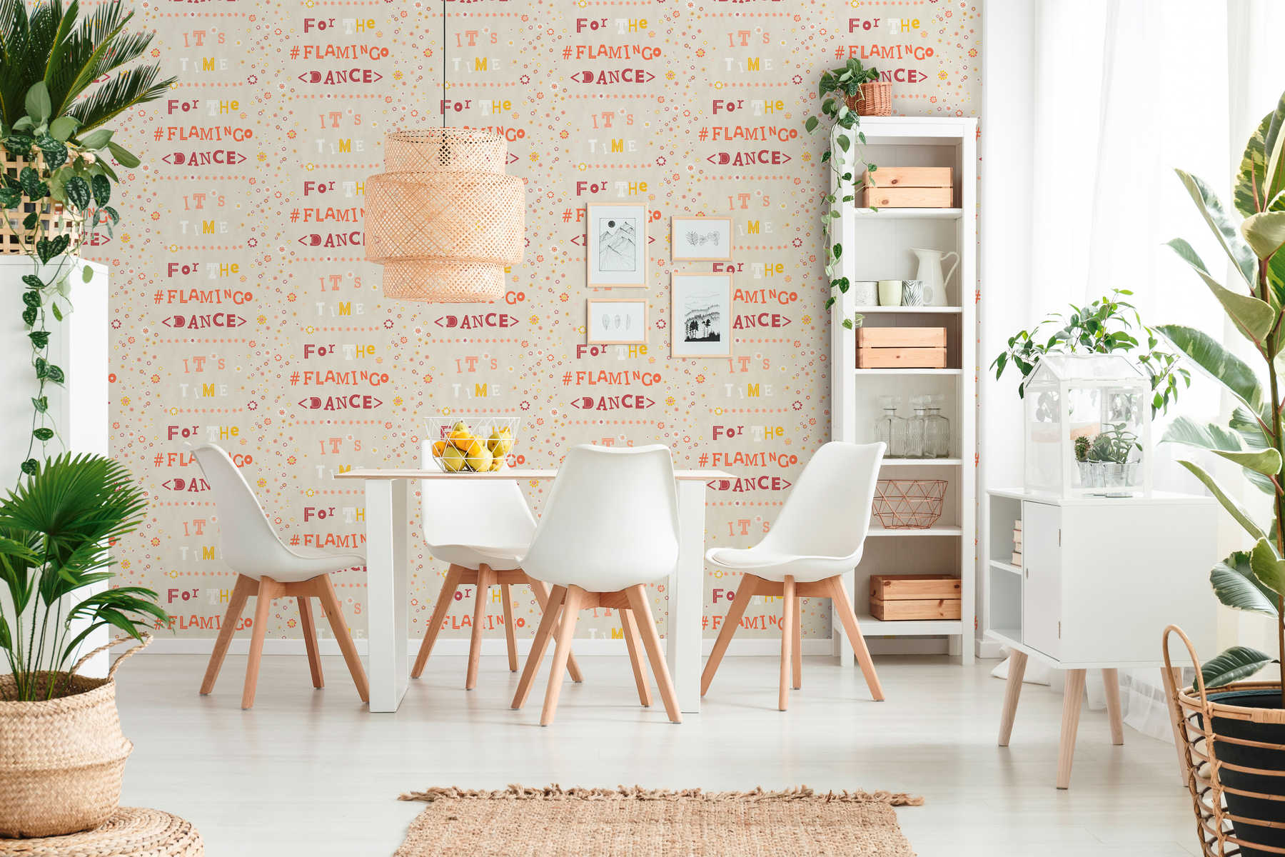             Non-woven wallpaper flamingo & flowers with letter design - beige, orange
        