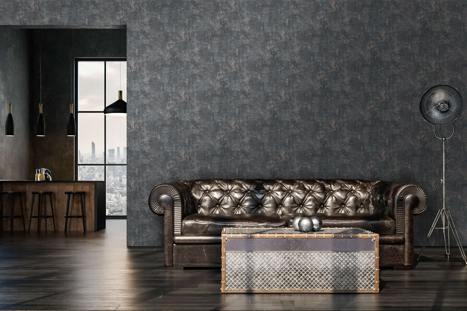             Used look wallpaper with metallic accents - black, rose gold
        
