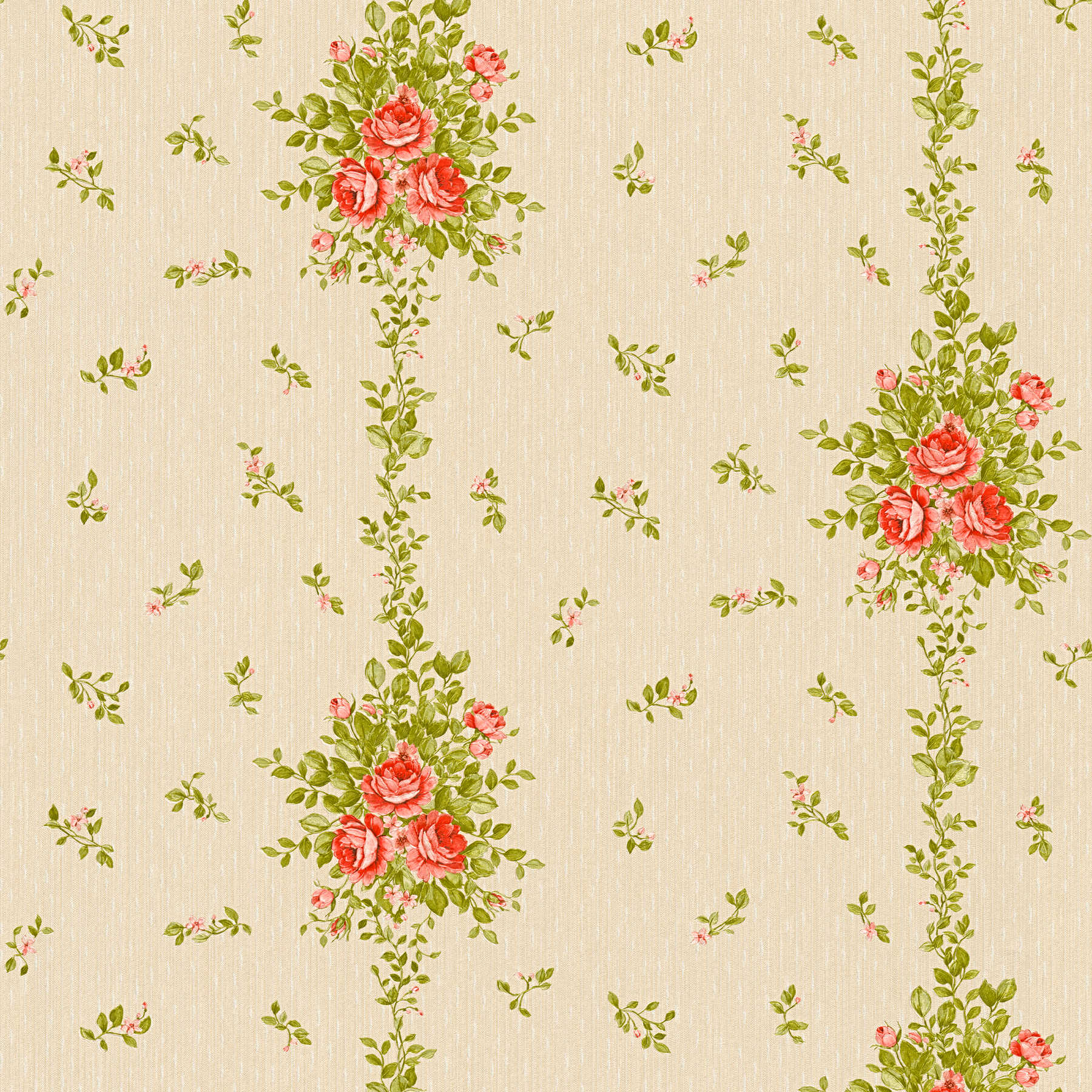         Floral wallpaper roses pattern & stripes effect - beige
    