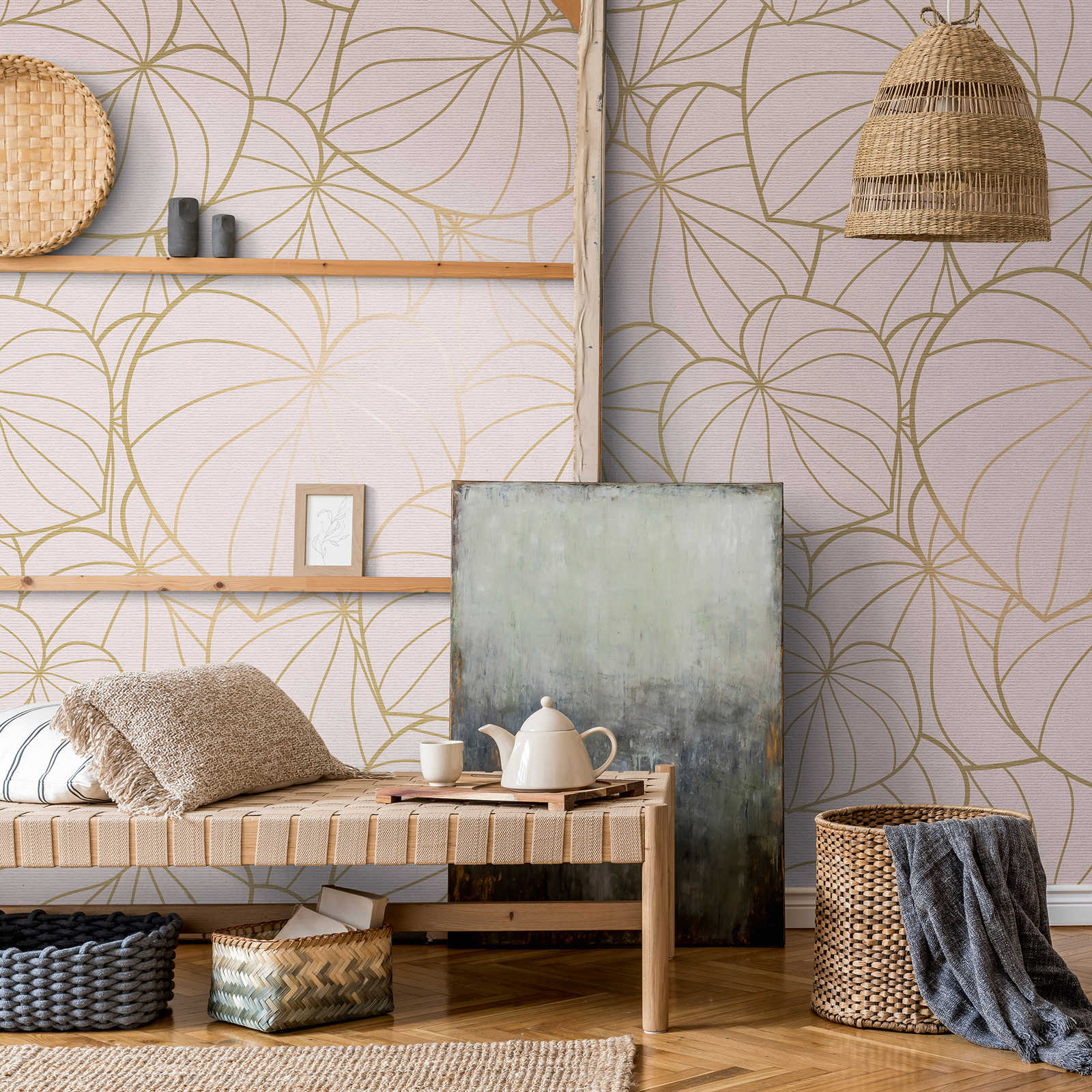 Wallpaper novelty | motif wallpaper leaves motif gold & beige line art
