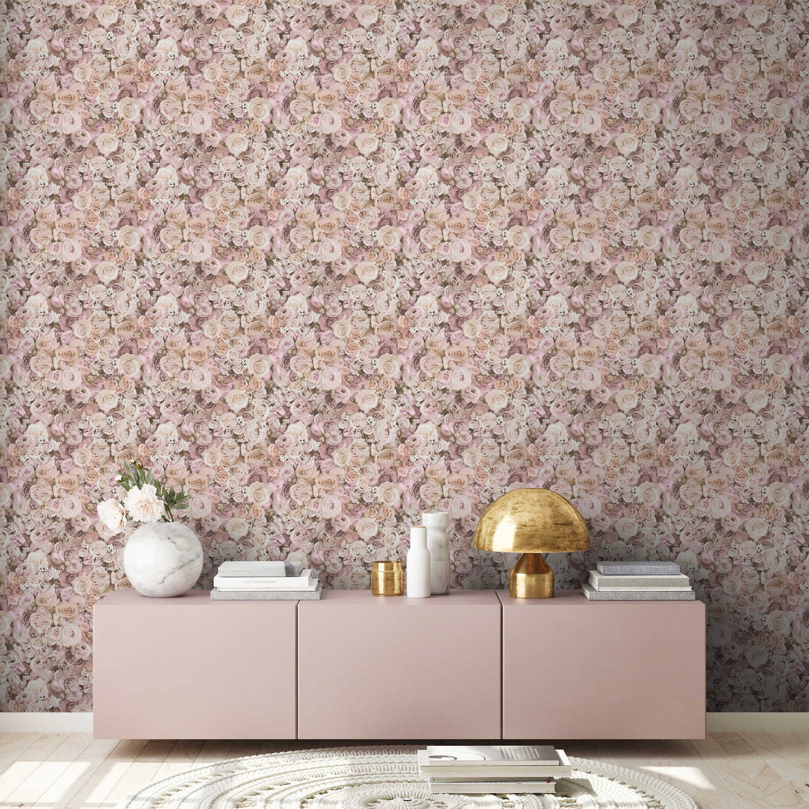             Zelfklevend behang | bloemenpatroon met rozen - roze, crème
        