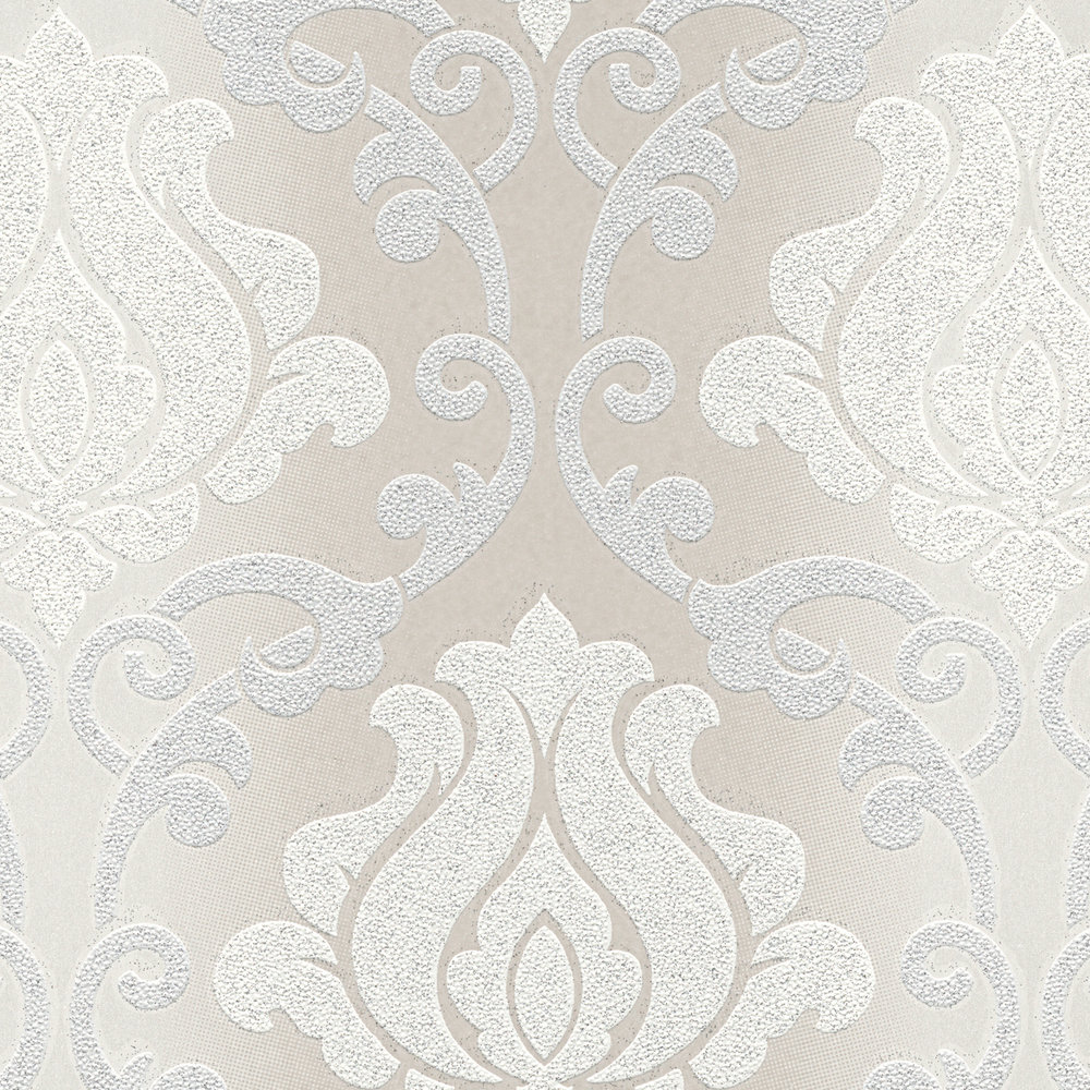             Glitter behang met barok patroon & metallic effect kleuren - crème, grijs
        