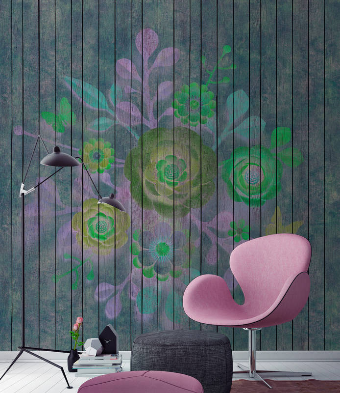             Spray bouquet 2 - Wallpaper in wood panel structure with flowers on board wall - Blue, Green | Pearl smooth non-woven
        